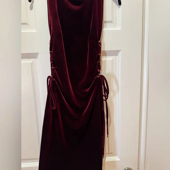Deep Red Velvet Dress with Gold Side Ties - Picture 9 of 9